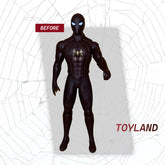 Black Spider-Man action figure on a white background with 'Before' label and 'Toyland' branding.